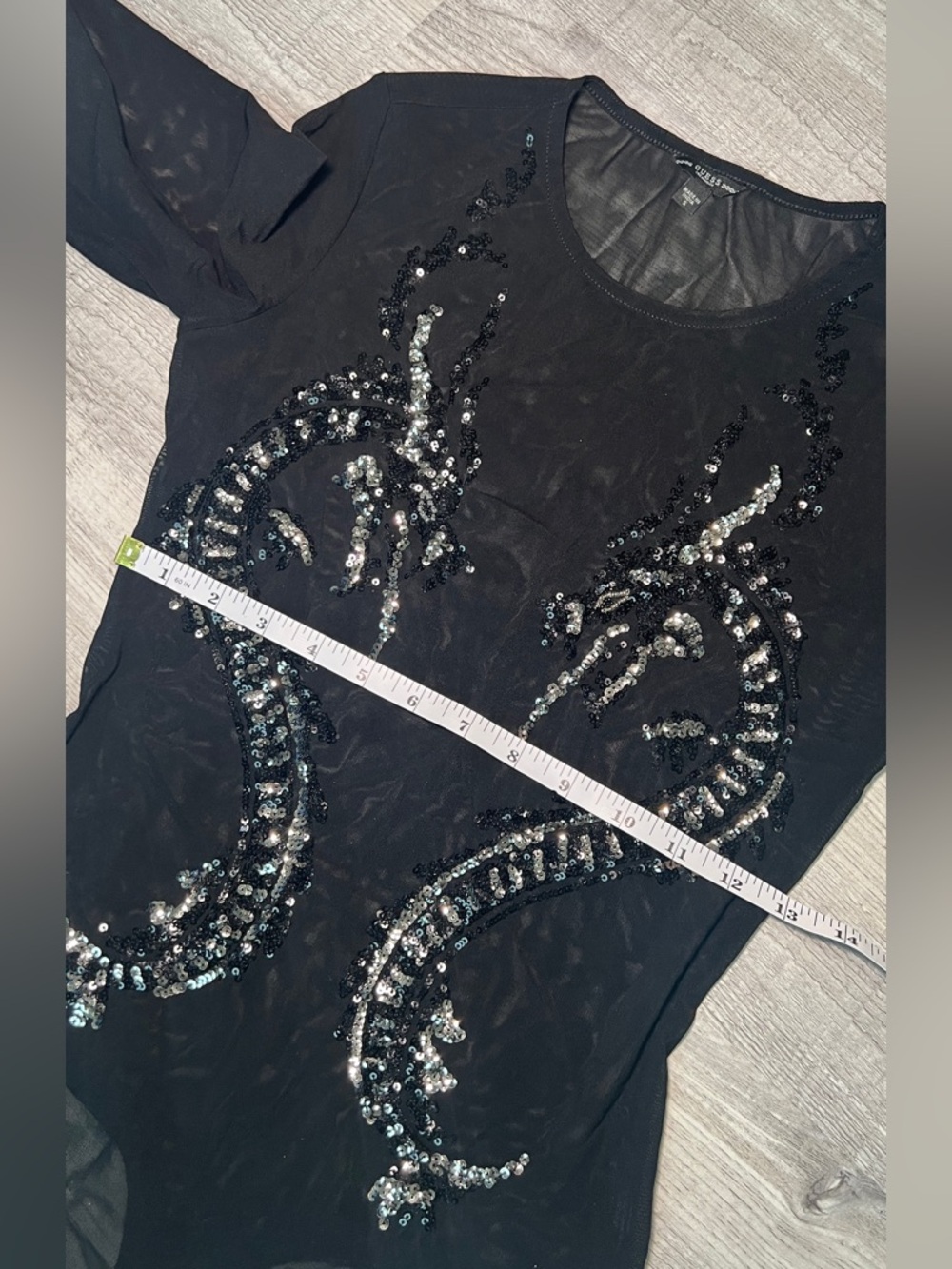 GUESS Black Sheer Long Sleeve Sequin |Dragon Mesh Bodysuit - Picture 7 of 10